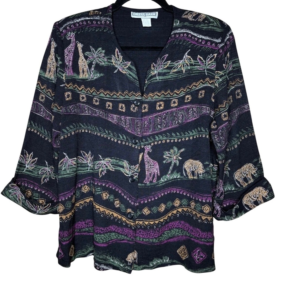 Dress Barn Safari Animal Print Button Blazer Black Purple Size 16 USA Vintage